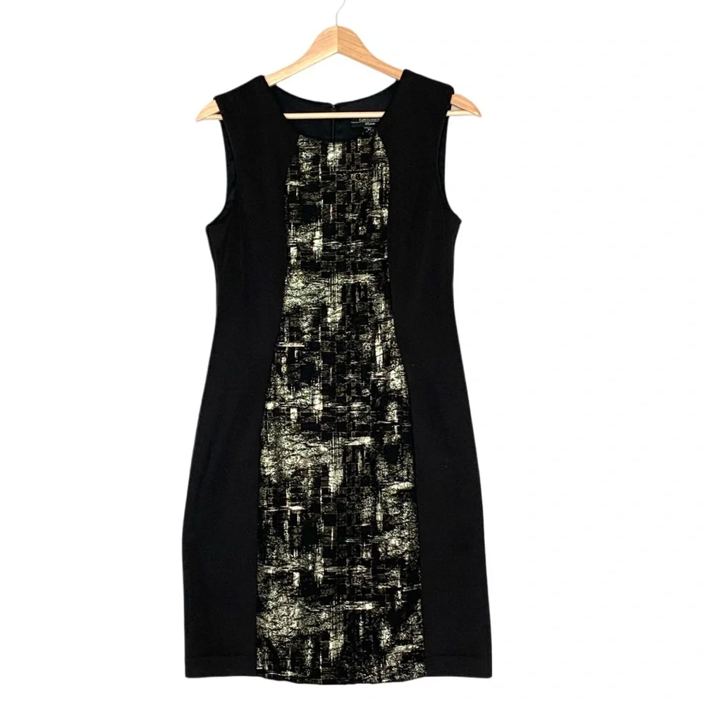 R&M Richards Black and Gold Foil Print Figure Flattering Dress Size 6 Petite